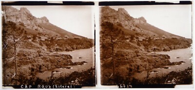 Cap Roux.Massif de l'Esterel.Meer und Berge.Stereo Glas.6x13cm.Glass view.1900