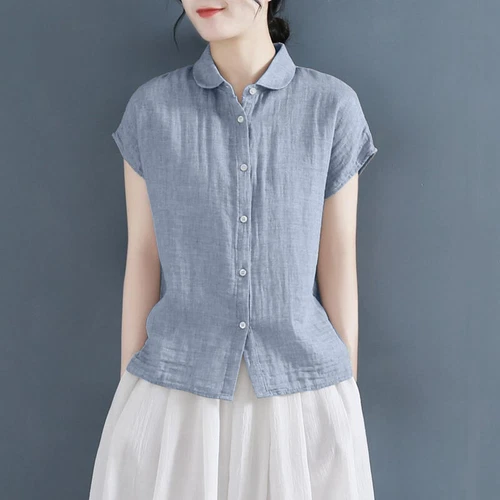 Camisa Manga Corta Mujer Verano 100% Algodón Lino Camisa, Top Lino Abotonable - Imagen 8 de 26