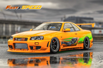 Fast Speed FS 1:64 Scale Skyline GT-R R34 Z-Tune High Wing FNF Amber Orange