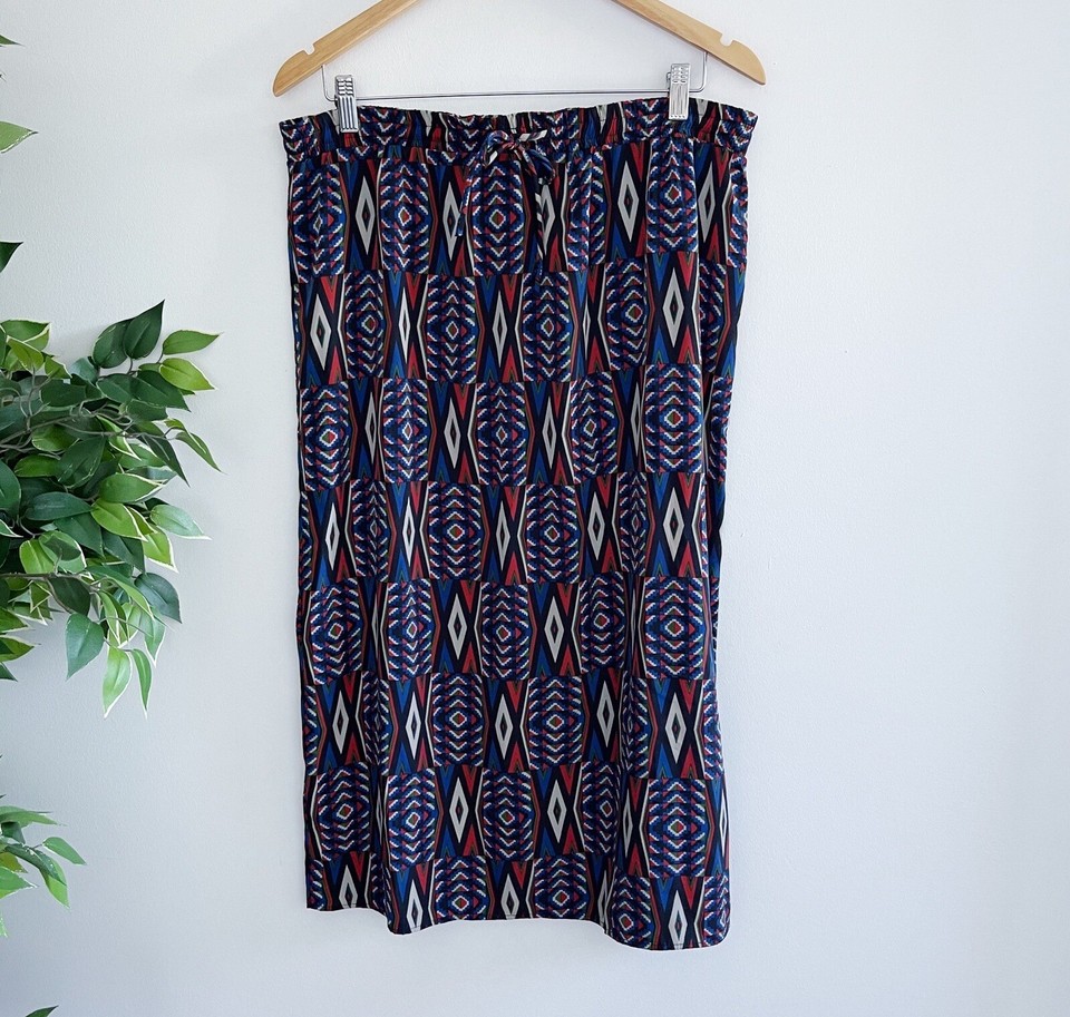 Romeo & Juliet Couture Womens Midi Skirt Size L Red Blue Pattern Drawstring 