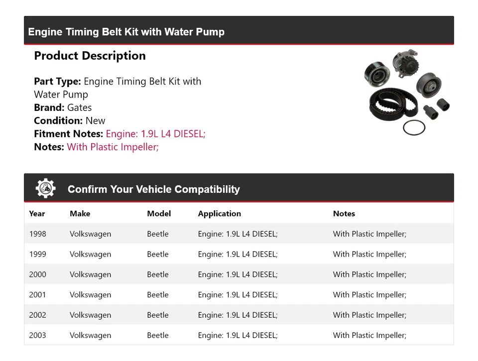 For 1998-2003 Volkswagen Beetle Engine Timing Belt Kit with Water Pump Gates - Image 2 of 4