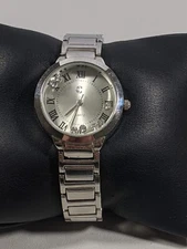 Charming Charlie Silver Tone Floating Crystal Round Case 30 mm Link Band Watch 