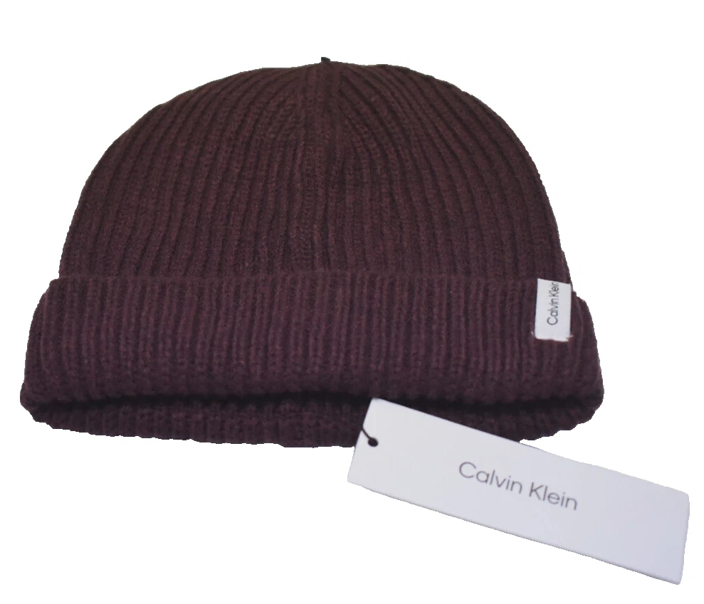 Calvin Klein Men's Ribbed Knit Beanie Hat Burgundy One Size New! NWT