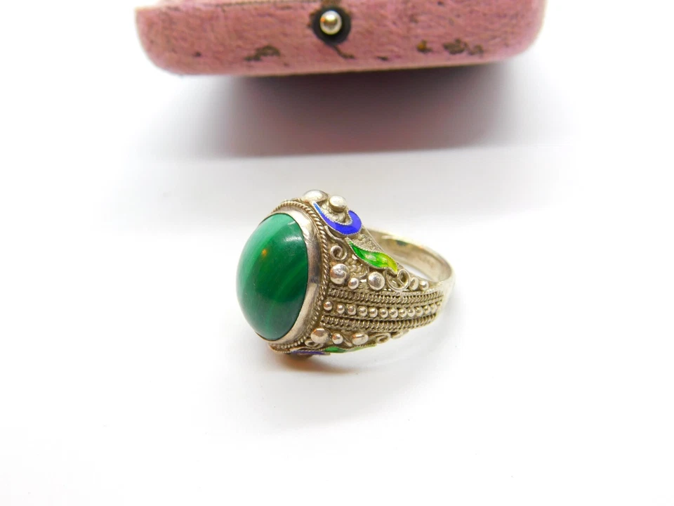 Anillo de sello de plata esterlina, malaquita cabujón y esmalte de exportación china c1950 Foto 4 de 4