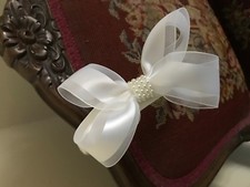 First Communion White Satin Headband with Sheer and Satin Bow w/ pearl center