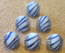 6-Czech Glass Dark Blue Stripes-Silver Design-White Glossy Buttons- 12-16.64mm