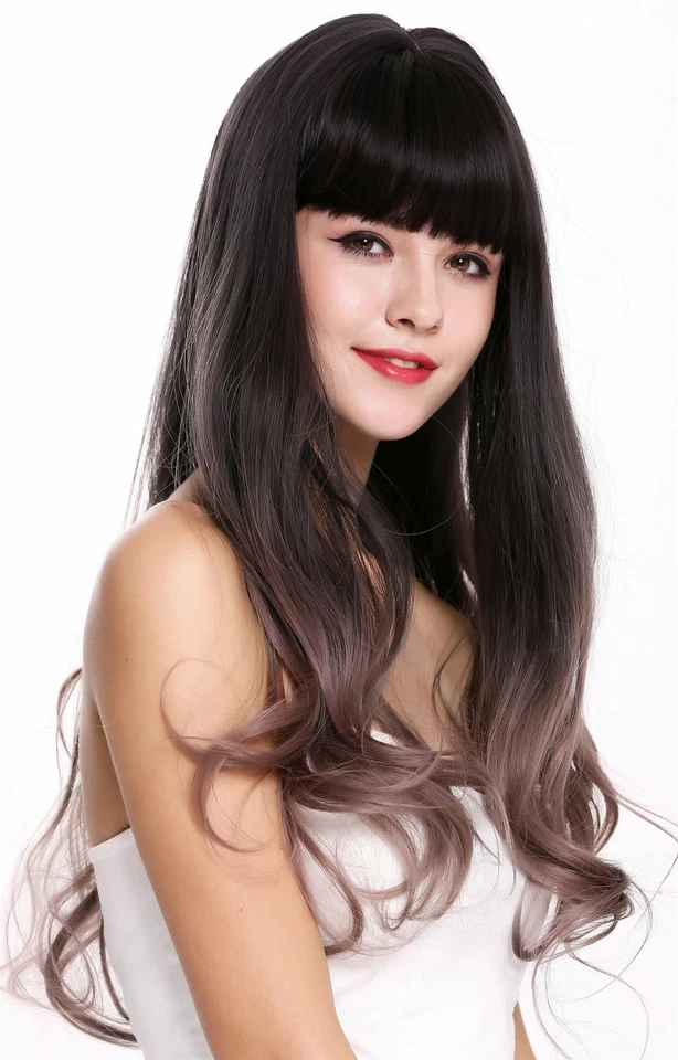 Perruque pour Femme Long Ondulés Frange Balayage Brun Foncé Rose Cosplay H1800 - Photo 2/4