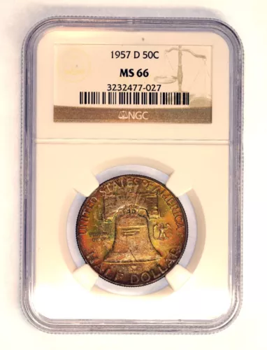 1957 D 50C Franklin Half Dollar Mint Set Toned NGC MS 66 Absolute 🔥🔥🔥Coin