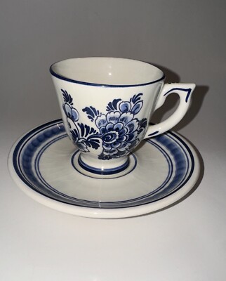 Delft Blue Cup Saucer Hand Painted Flowers Floral Holland Unique Vintage