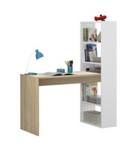 Mesa de Ordenador, Escritorio con Estanteria Reversible, en Blanco Artik y Roble