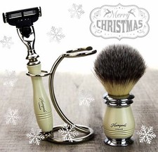 Ivory Handle 3 Edge Razor Synthetic Hair Brush with stand Shaving Set For Men