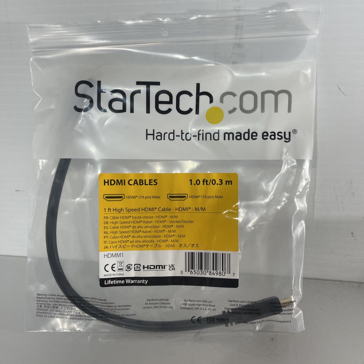 StarTech 1' Ultra HD High Speed Cable with 19 Pin HDMI Male Connectors  #HDMM1