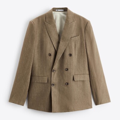 Men's ZARA Double Breasted 100% Linen Blazer LARGE 42 Brown