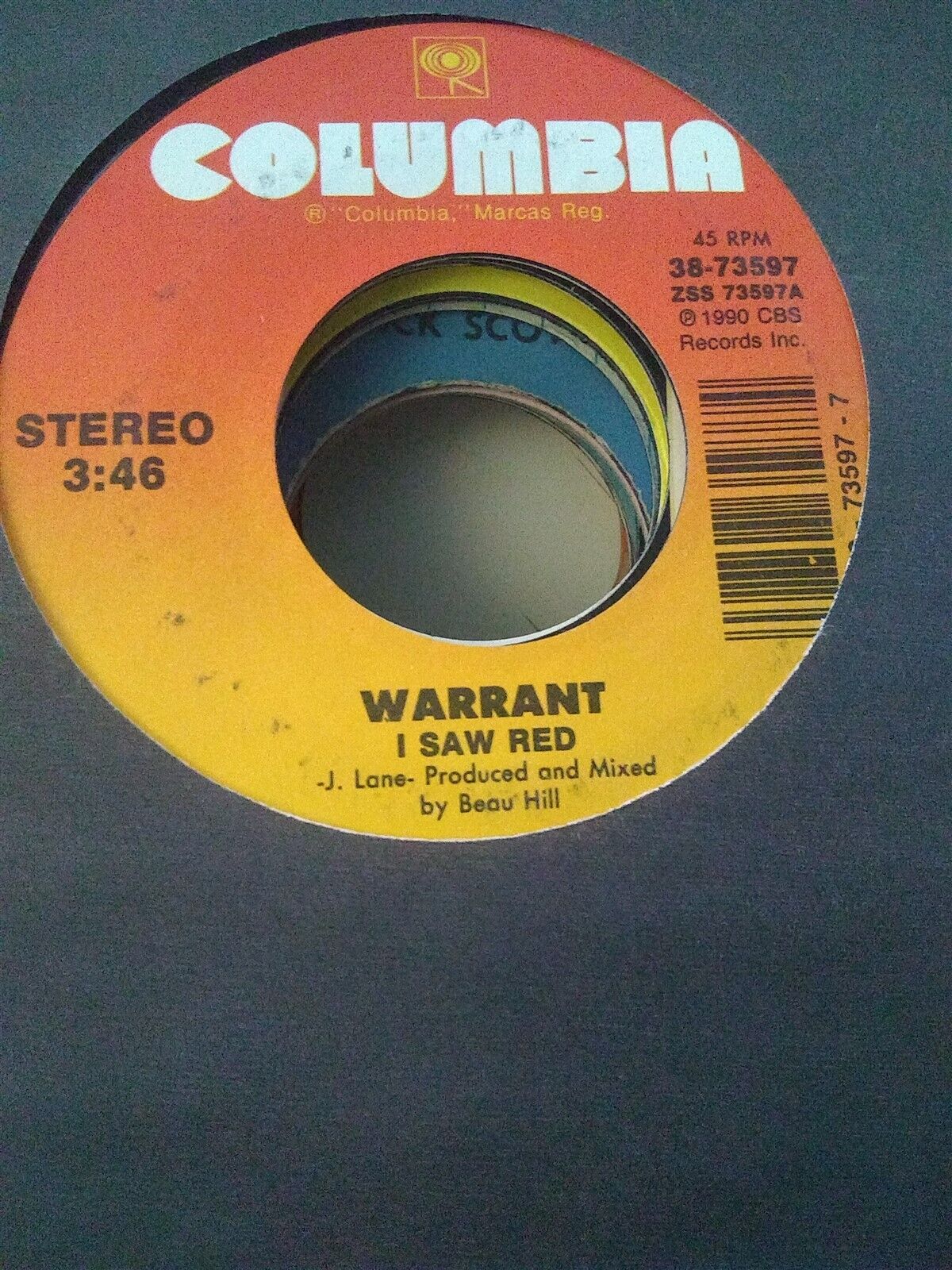 Warrant, I Saw Red ~ NM 1990 Columbia 45 +sleeve