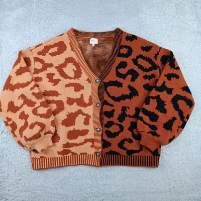 Dee Elly Cardigan Women Large Brown Leopard Two-Tone Knit Sweater Stretch V-Neck