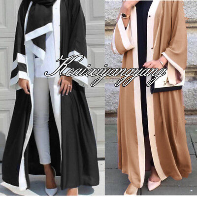 YYG Women Contrast Stitching Middle East Muslim Open Front Cardigan Robe Dress 