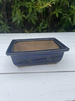 Japanische Bonsaischale blau glasierte Keramik Übertopf 17 cm signiert ''JAPAN'' 70er Jahre