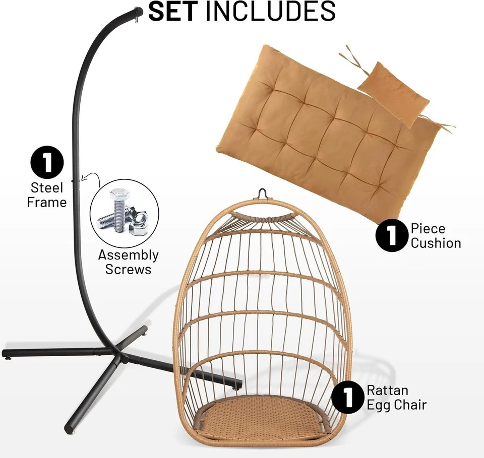SereneLife Hanging Egg Chair with Stand - Up to 550 lbs of Capacity (Brown) - Image 2 of 4