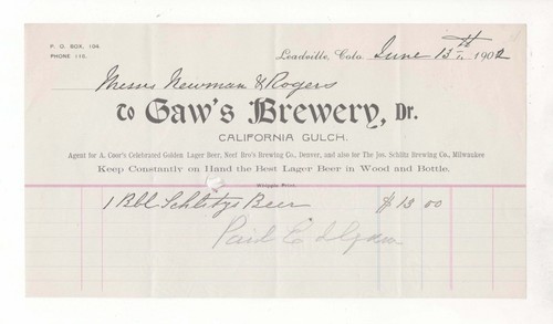 COLORADO- 1902 LEADVILLE BREWERY BILLHEAD – GAW'S BREWERY