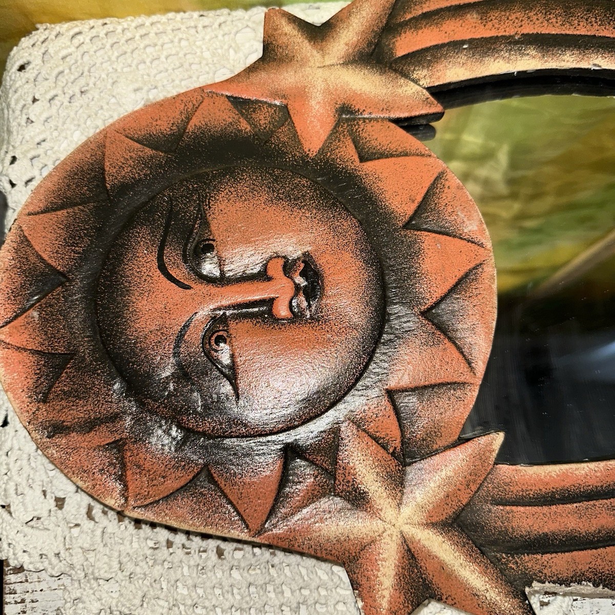 Vintage Rare Orange Celestial Wood Wall Mirror Moon Sun Stars Hand