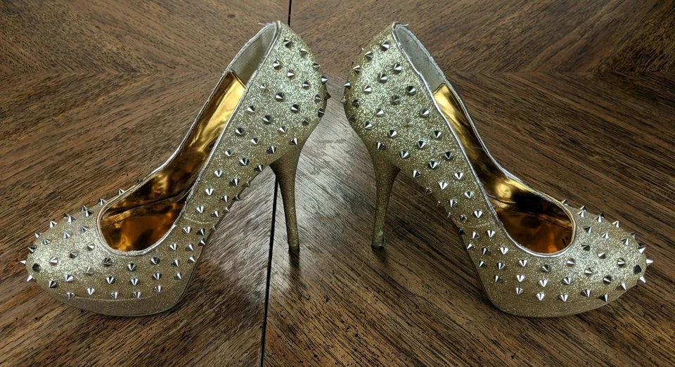 Tacones de plataforma Shiekh Gold Spike de 5" tacones de aguja de 1,25" punta de plataforma talla 7,5 Foto 3 de 4