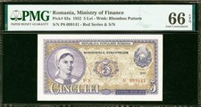 Romania 5 Lei 1952 RED SERIAL Pick-83a GEM UNC PMG 66 EPQ RARE !