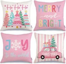 Christmas Throw Pillow Covers 18 X 18 Inch Set of 4, Xmas Trees Truck Merry and