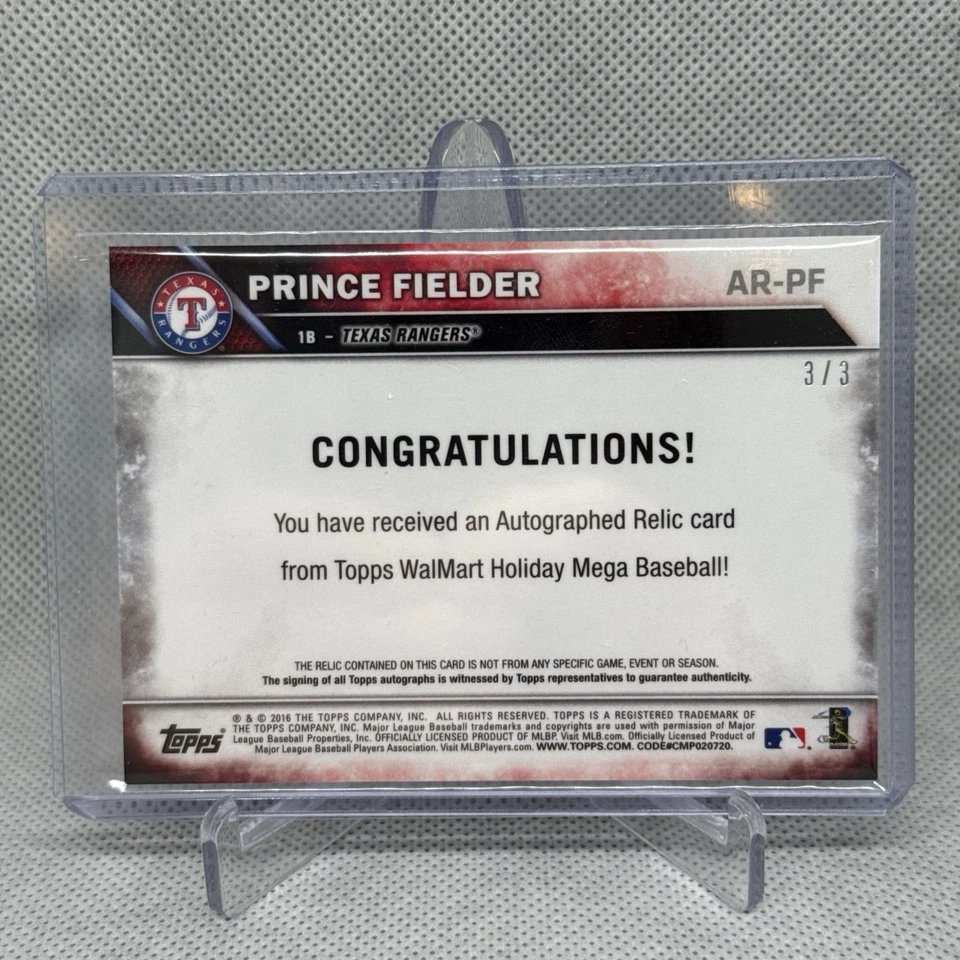 2016 Topps Holiday Prince Fielder Auto Relics Jersey 3/3 Texas Rangers - Image 2 of 2