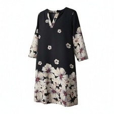 Floral Dress Womens M V-Neck Navy Blue Boho Artsy Fall Bridal Shower Baby Shower