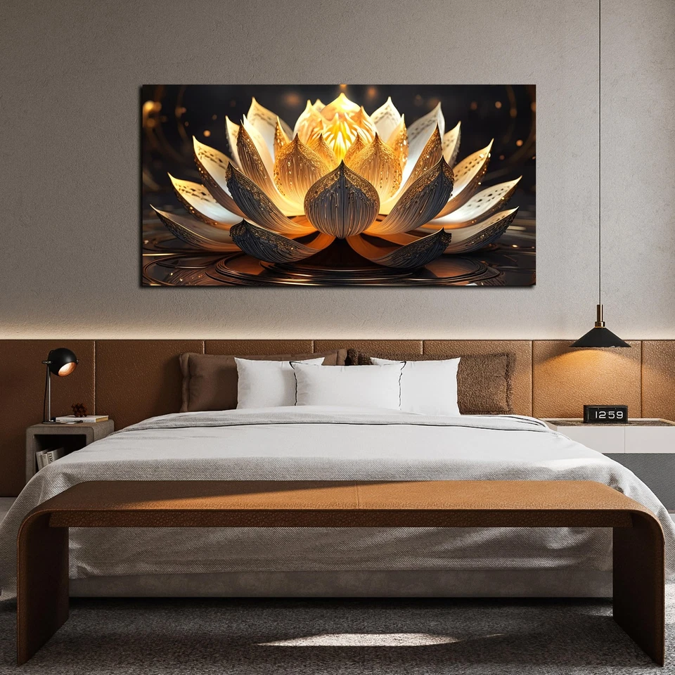 Arte de pared flor de loto Ror sala de estar gran tamaño dorado y marrón pintura pared... Foto 4 de 4