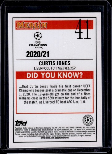 2020-21 Merlin Chrome UEFA Champions League #41 Curtis Jones Liverpool Rookie - Picture 2 of 2
