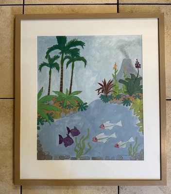 Artwork Acrylic & Pencil  Pago Pago Lagoon  Volcano Fish Scene D. P. McBee 1999