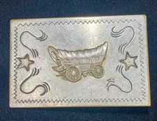 Vintage Covered Wagon Belt Buckle 3" x 2" Embossed Stars Designs