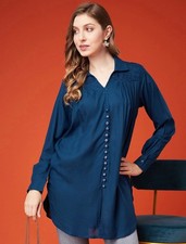 Indian Tunics; Women Teal Blue High Low Front Slit Solid Cotton Tunic Kurti.