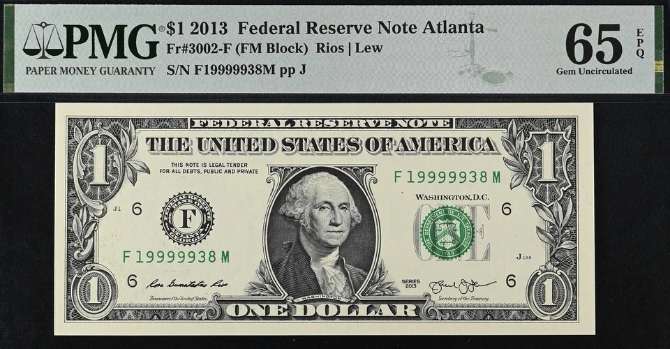 2013 $1 FRN PMG 67EPQ - Rare Fancy Serial Numbers 19999938 29999938 39999938 - Image 2 of 4