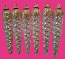 Set Of 6 Iridescent Icicle Ornaments Gold Glitter Accents