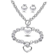Heart Pendant, Necklace, Bracelet Stud Earrings Set - Stainless silver tone