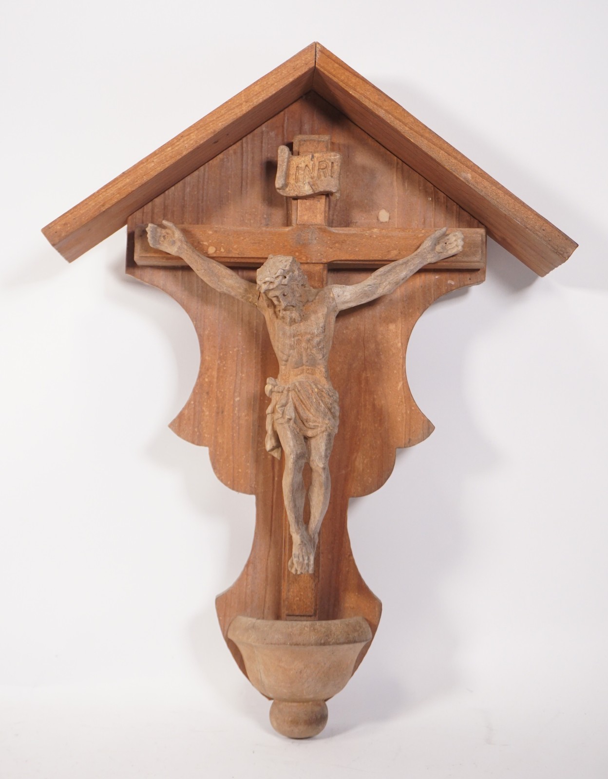 Vintage Naturholz INRI Jesus am Kreuz Wegekreuz Wandkreuz geschnitzt