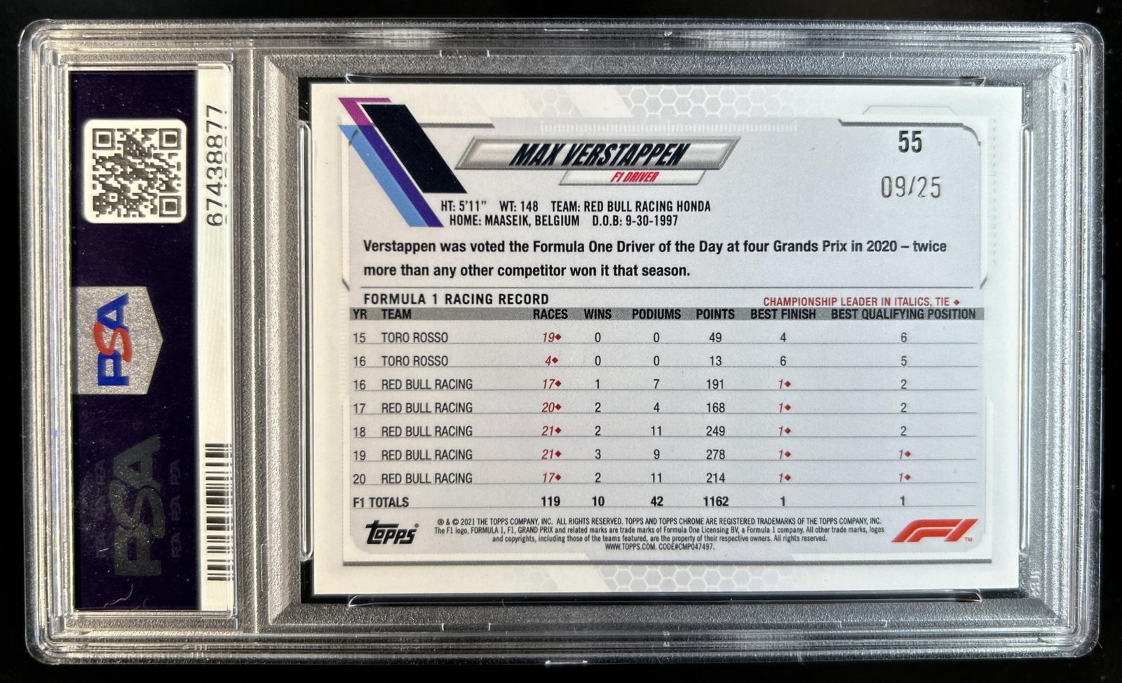 2021 Topps Chrome F1 Max Verstappen Refractor Orange Checker Flag #/25 PSA 10 view 2