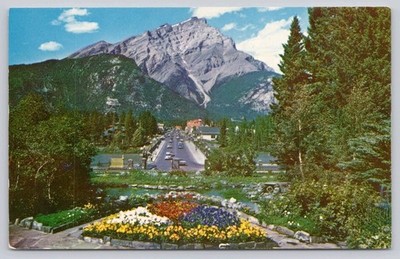 Postcard Banff Alberta Canada Cascade Mountain Road Cars 1950s Chrome View