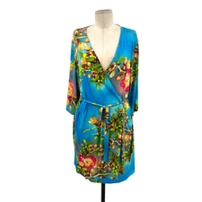 Natori Paradise Found Wrap Kimono Robe Floral Print Blue Size Medium
