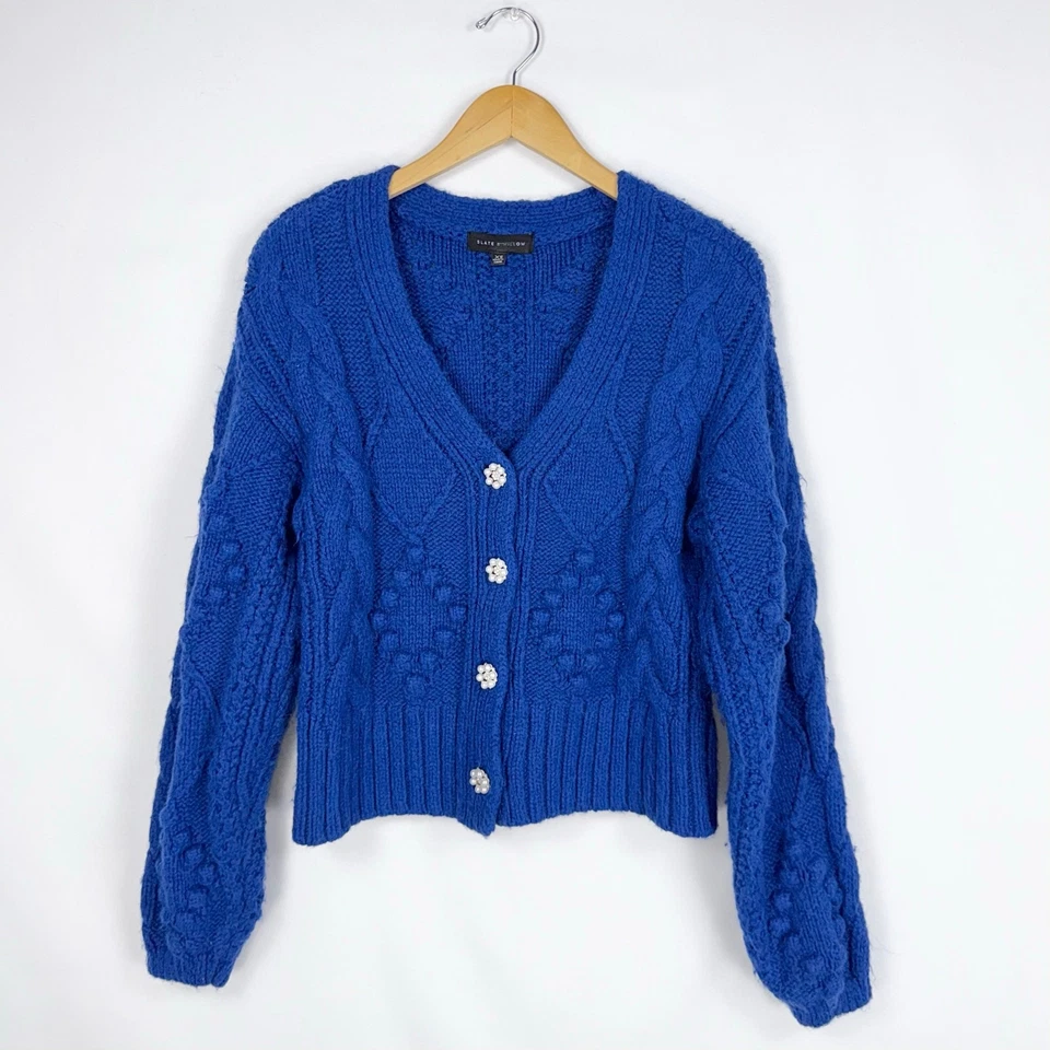 Slate & Willow Women's Bobble Chunky Knit Cardigan Sweater XS Blue - Image 2 of 4