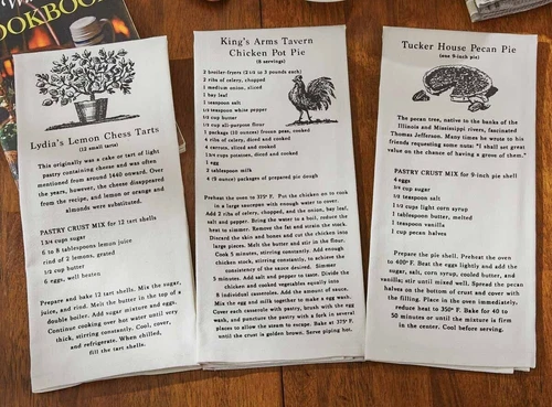 NEW Tea Towels BAKING RECIPES 3 pcs Cream Cotton 18"x28" Lemon Pecan Chicken Pie