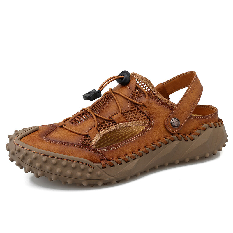 Mens Sandals Leather Closed Toe Outdoor Summer Anti-Slip Bea