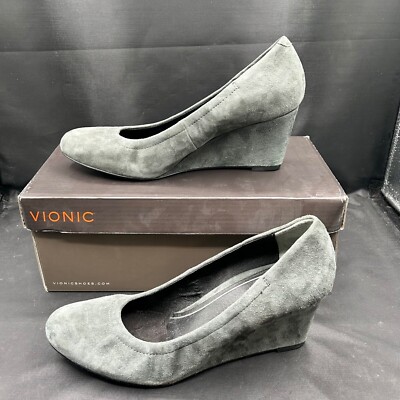 Vionic Lux Camden Wedge Heel Pumps Comfortable Dark Gray Suede Size 8