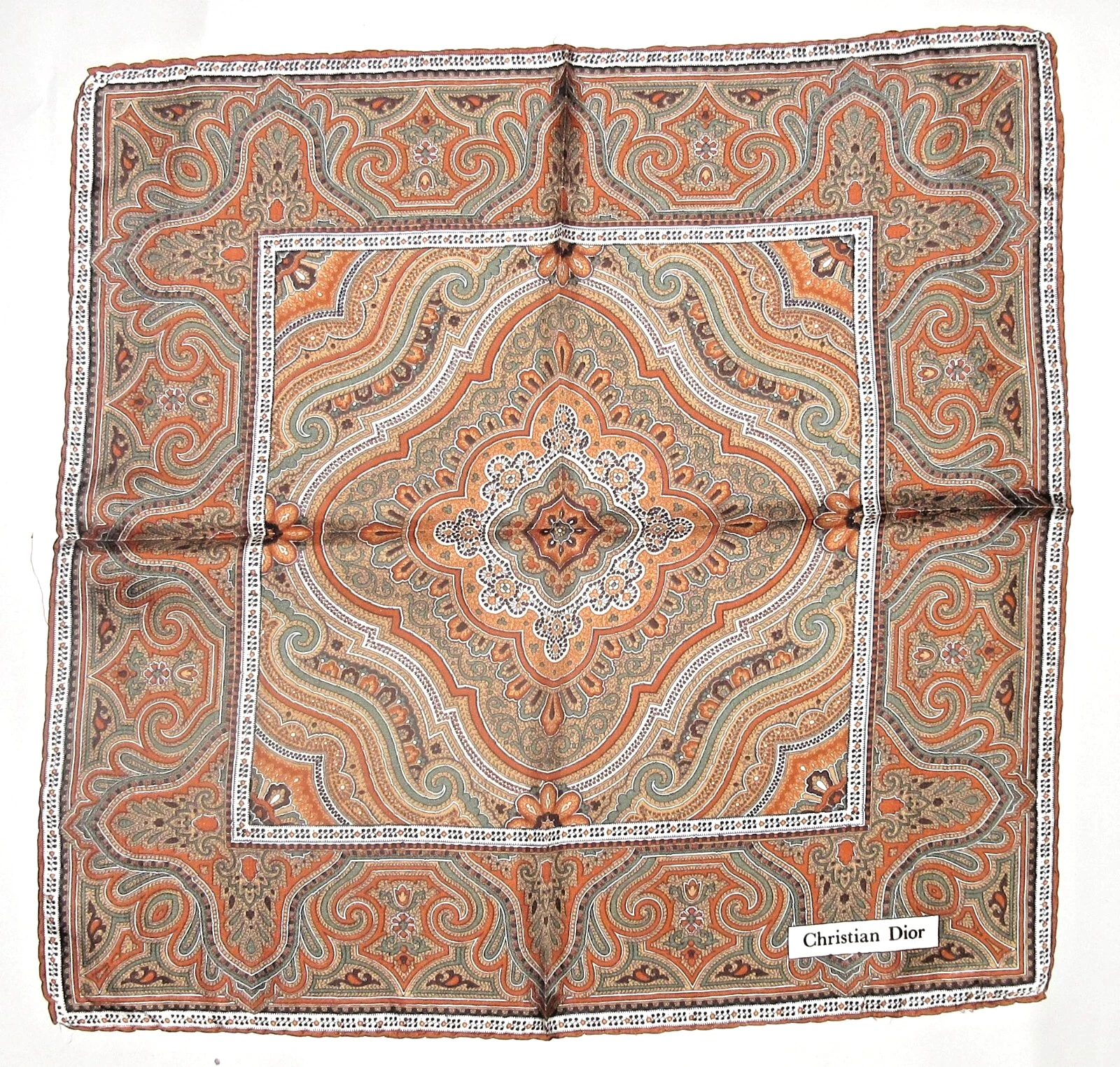 Christian Dior foulard carré de poche en soie vintage orange et marron cachemire 18