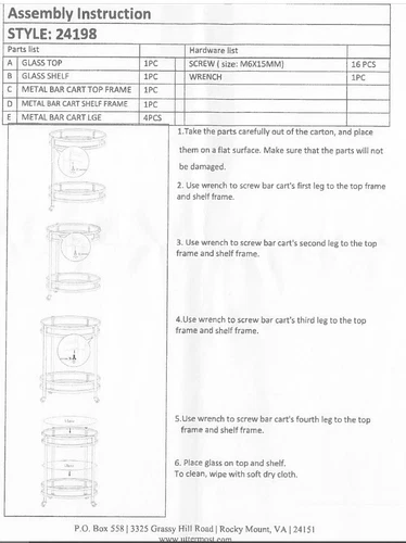 Dolly Bar Cart Table Glass Shelves Gold Black Rolling Cart ~ Uttermost 24198 - Picture 7 of 7
