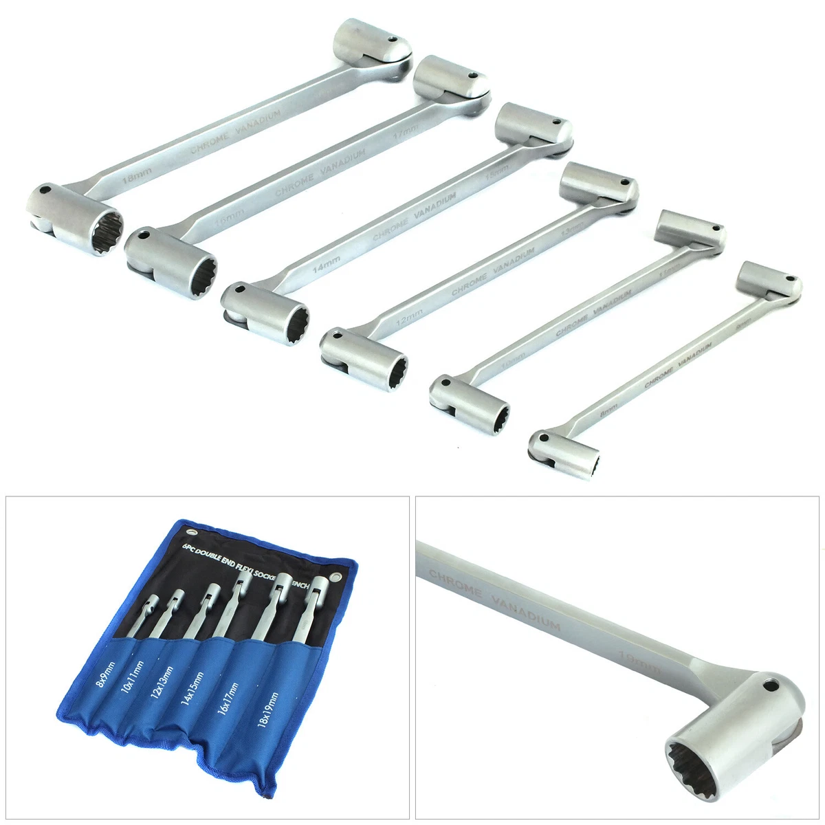6PC FLEXI FLEXIBLE DUAL HEAD DOUBLE ENDED SOCKET SPANNER WRENCH SET 8mm 19mm