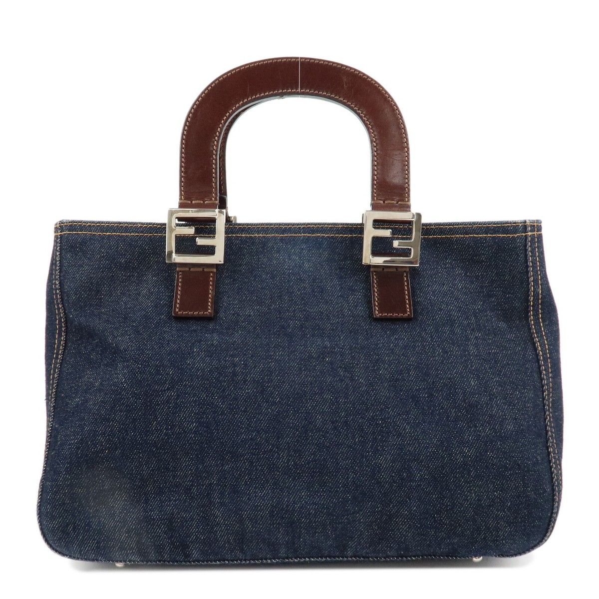 FENDI Tote Bag Hand Bag Indigo Brown Denim Leather 26329 Auth Used