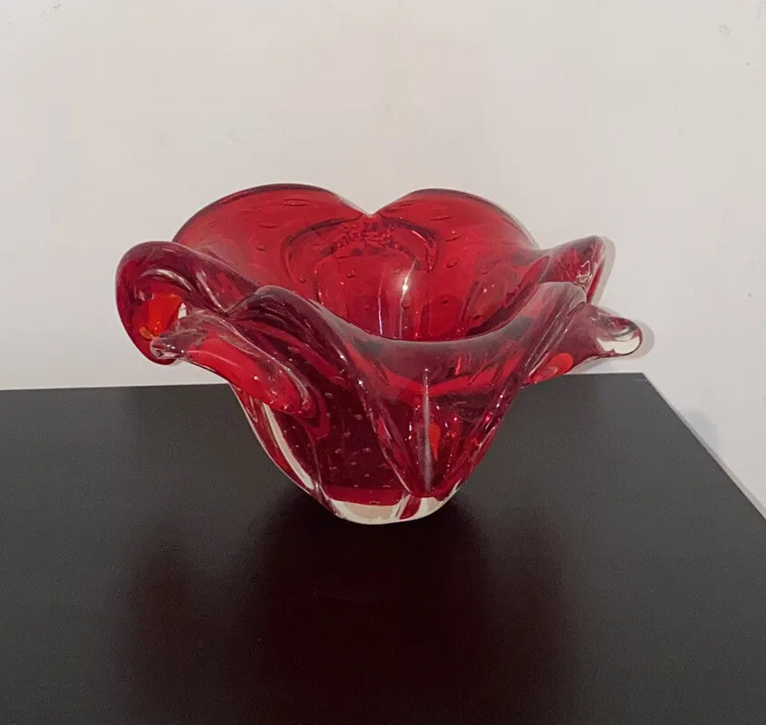 Red Glass Decorative Bowl Display Ornament Flower Beautiful Home Decor